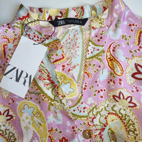 ZARA Floral Paisley Satin Kaftan Tunic Dress  Pink & Gold Women Small  Boho  NWT - Picture 10 of 14